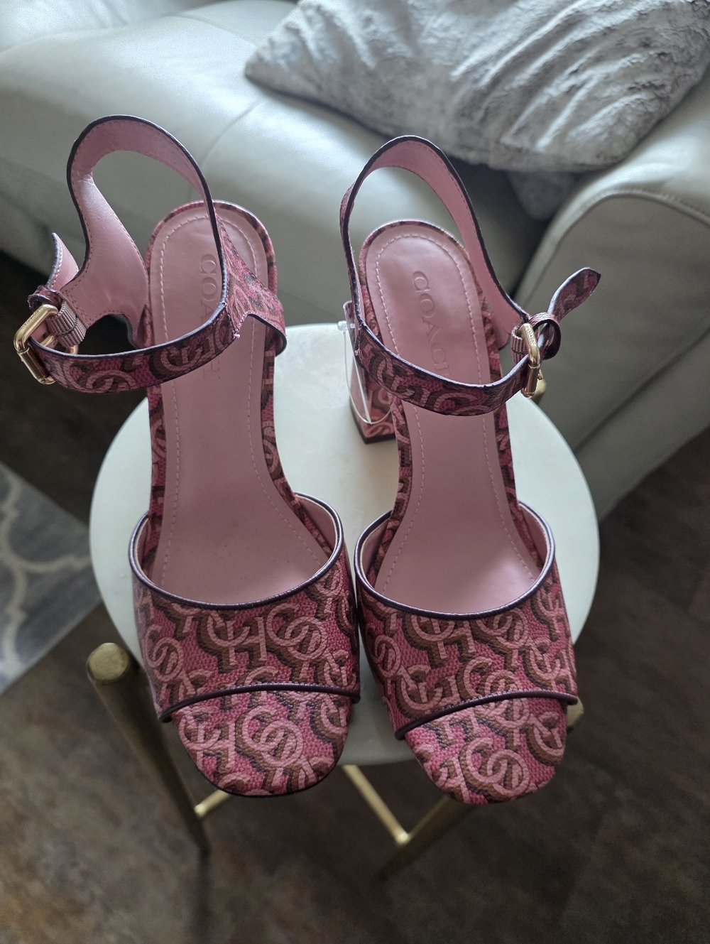 Coach Pink and Brown Monogram Ankle Strap Block Heel Sandals. Size 9